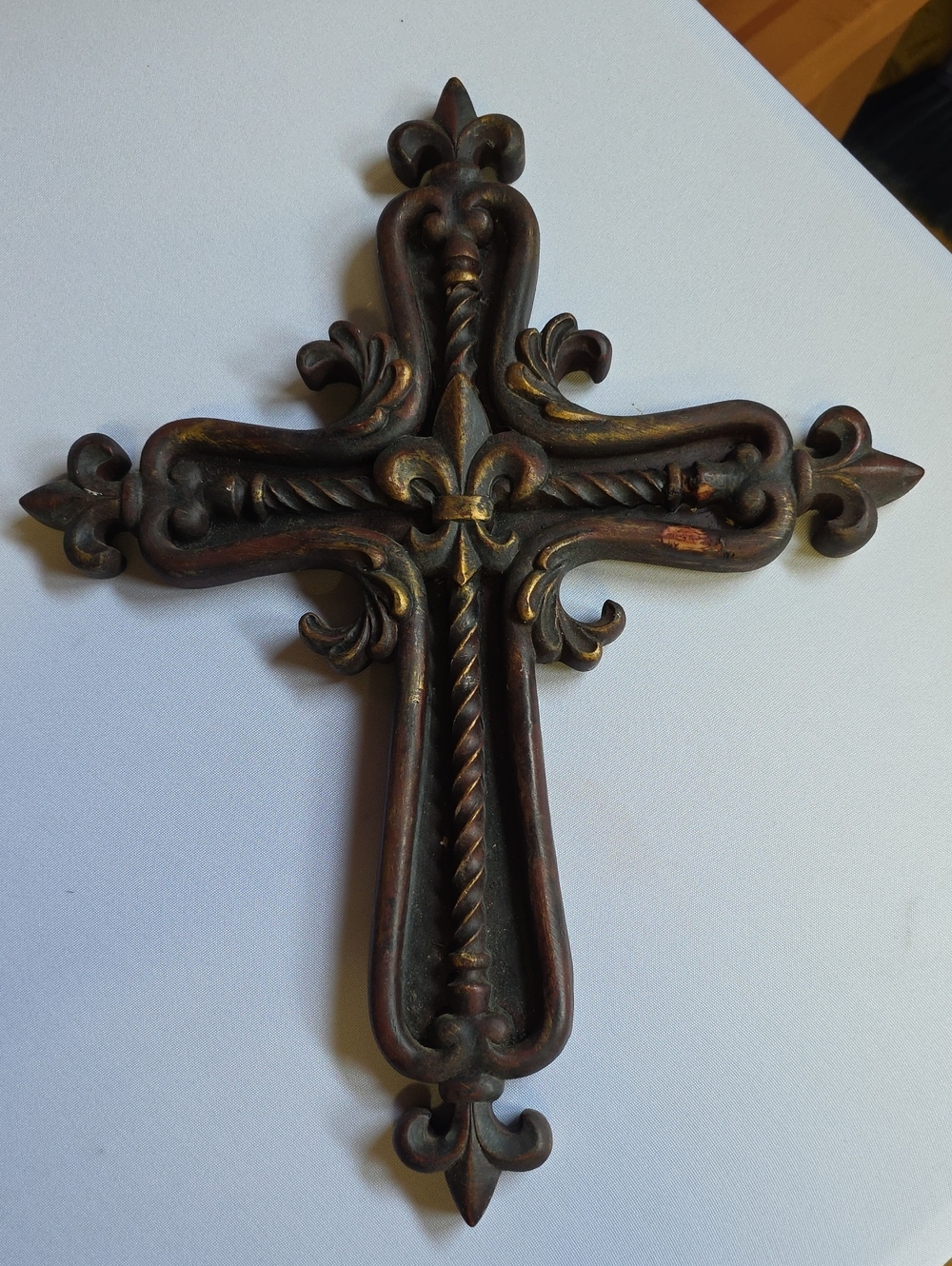 Ornate Fleur-de-Lis Wall Cross - Dark Bronze with Gold Accents